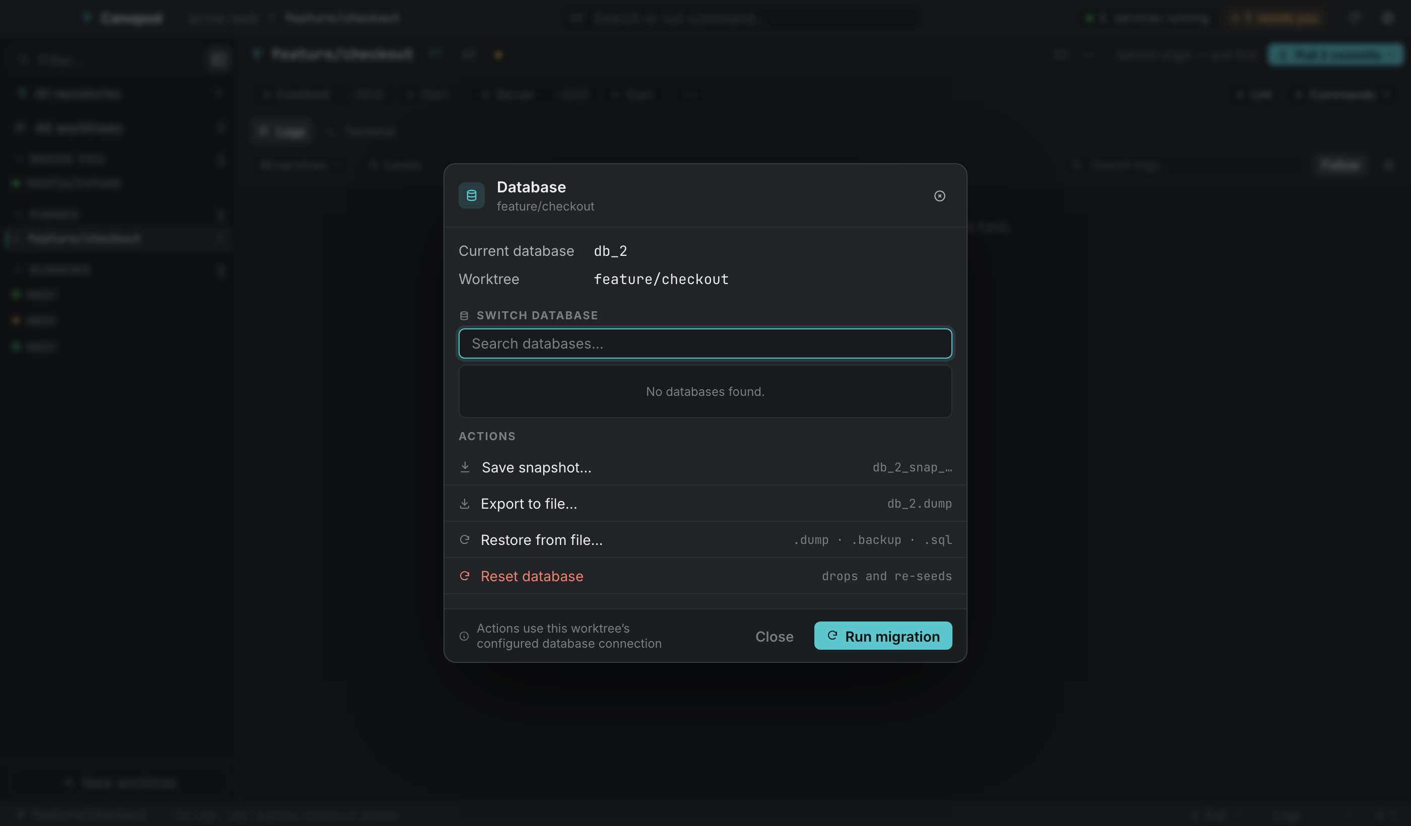 Canopod database actions for the selected worktree.